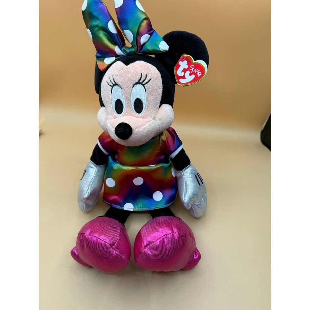 Ty Beanie Sparkle Minnie Mouse Plush Disney Rainbow Polka Dot Dress 12"‎ 2014